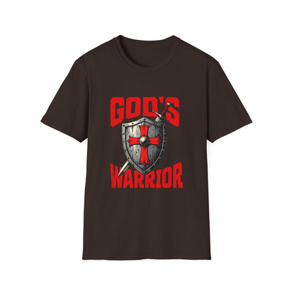 Brown t-shirt with 'God's Warrior' graphic design on a white background