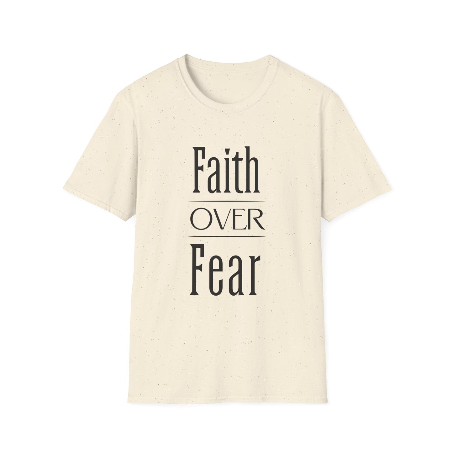 Beige t-shirt with 'Faith Over Fear' text on a white background