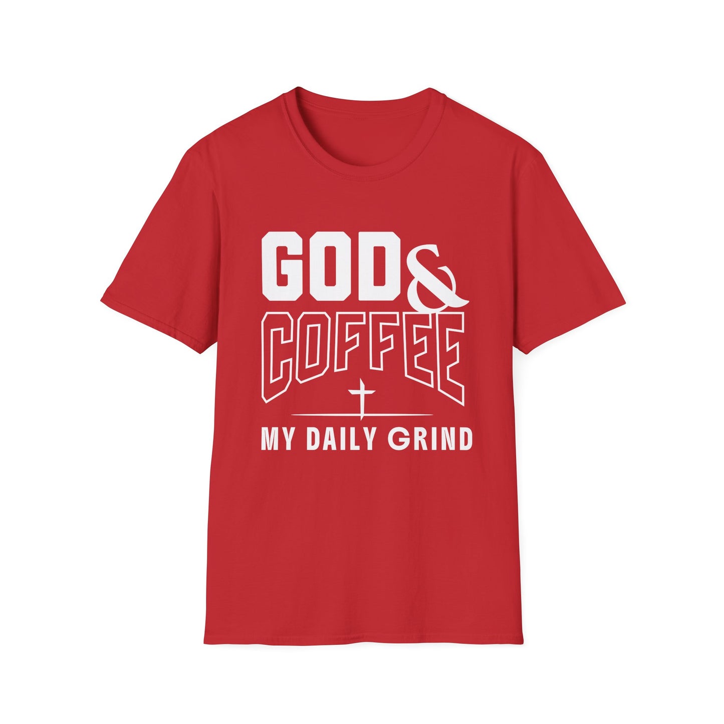 Red t-shirt with white text 'GOD & COFFEE MY DAILY GRIND' on a white background