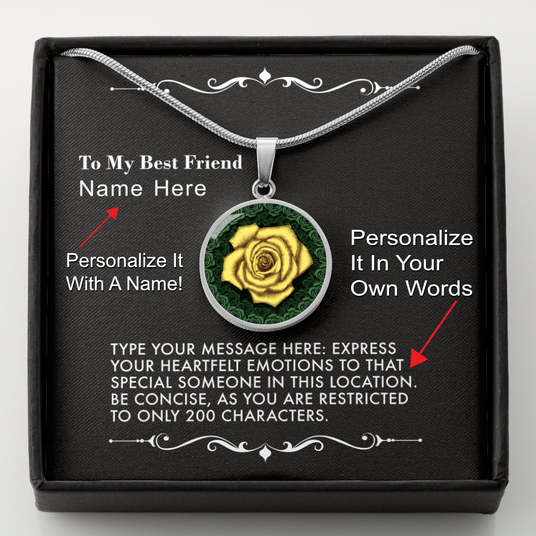 Necklace with a yellow rose pendant in a black gift box with a message card.