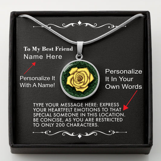 Necklace with a yellow rose pendant in a black gift box with a message card.