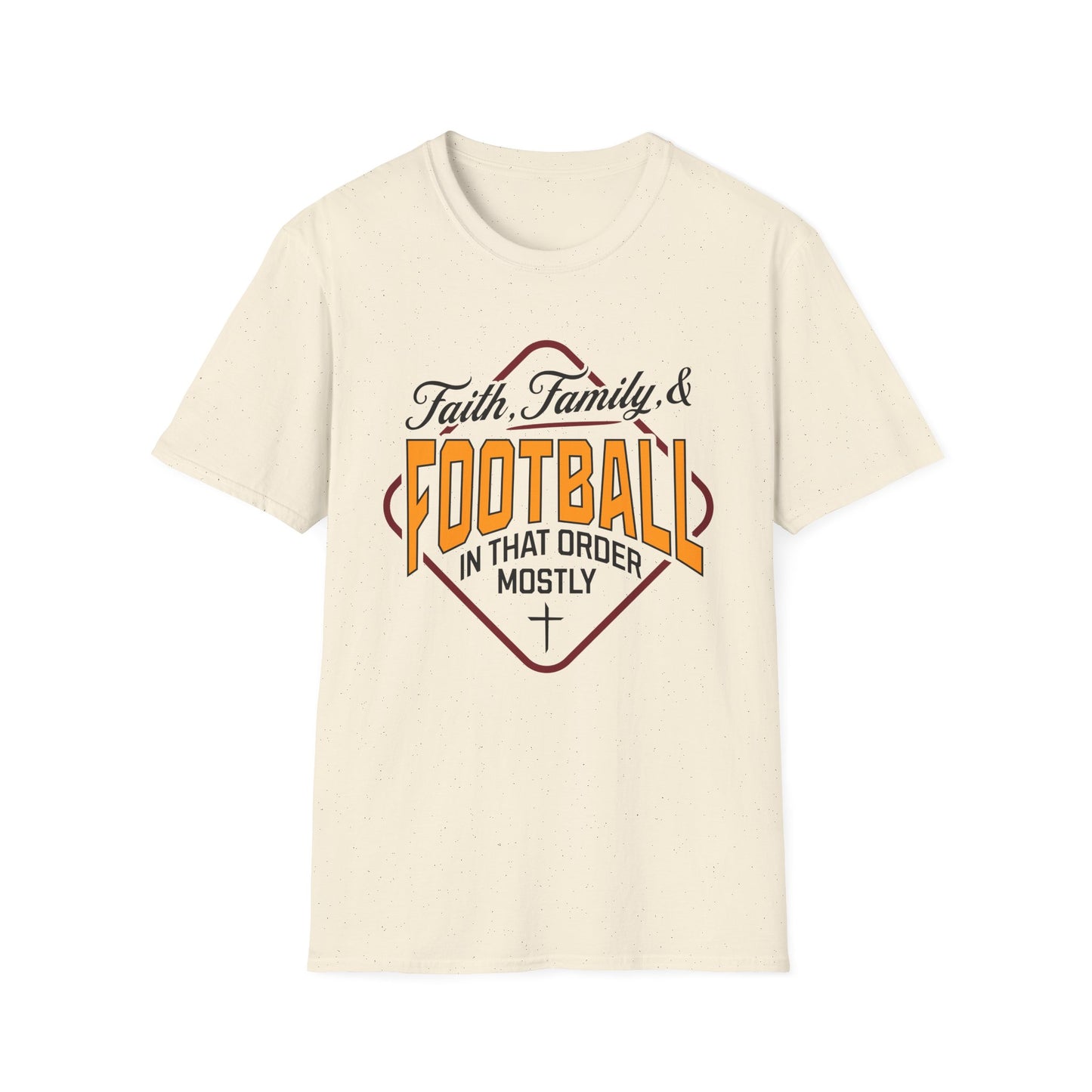 Beige t-shirt with 'Faith, Family & Football in that order mostly' text design on a white background
