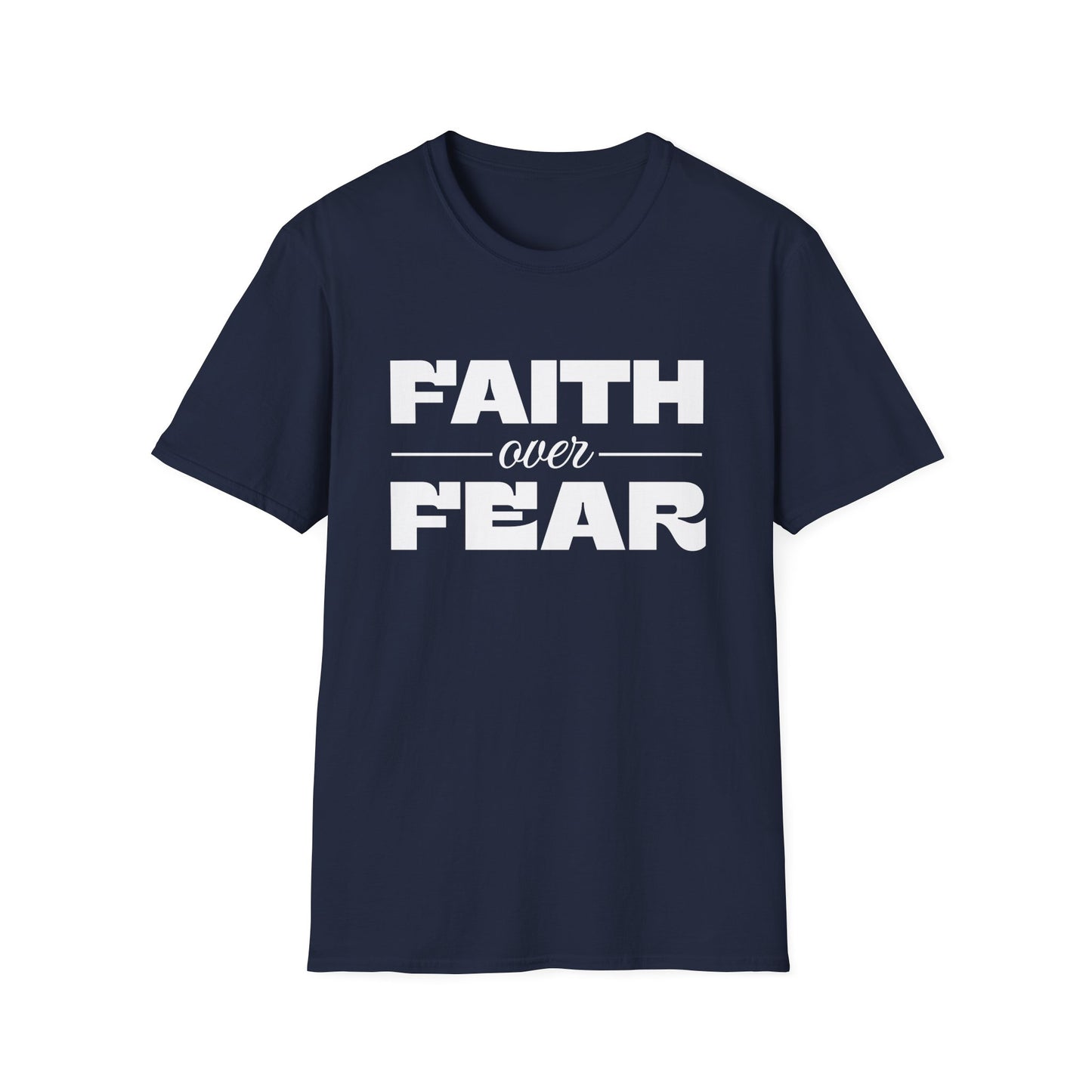 Navy blue t-shirt with 'Faith over Fear' text on a white background