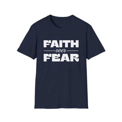Navy blue t-shirt with 'Faith over Fear' text on a white background