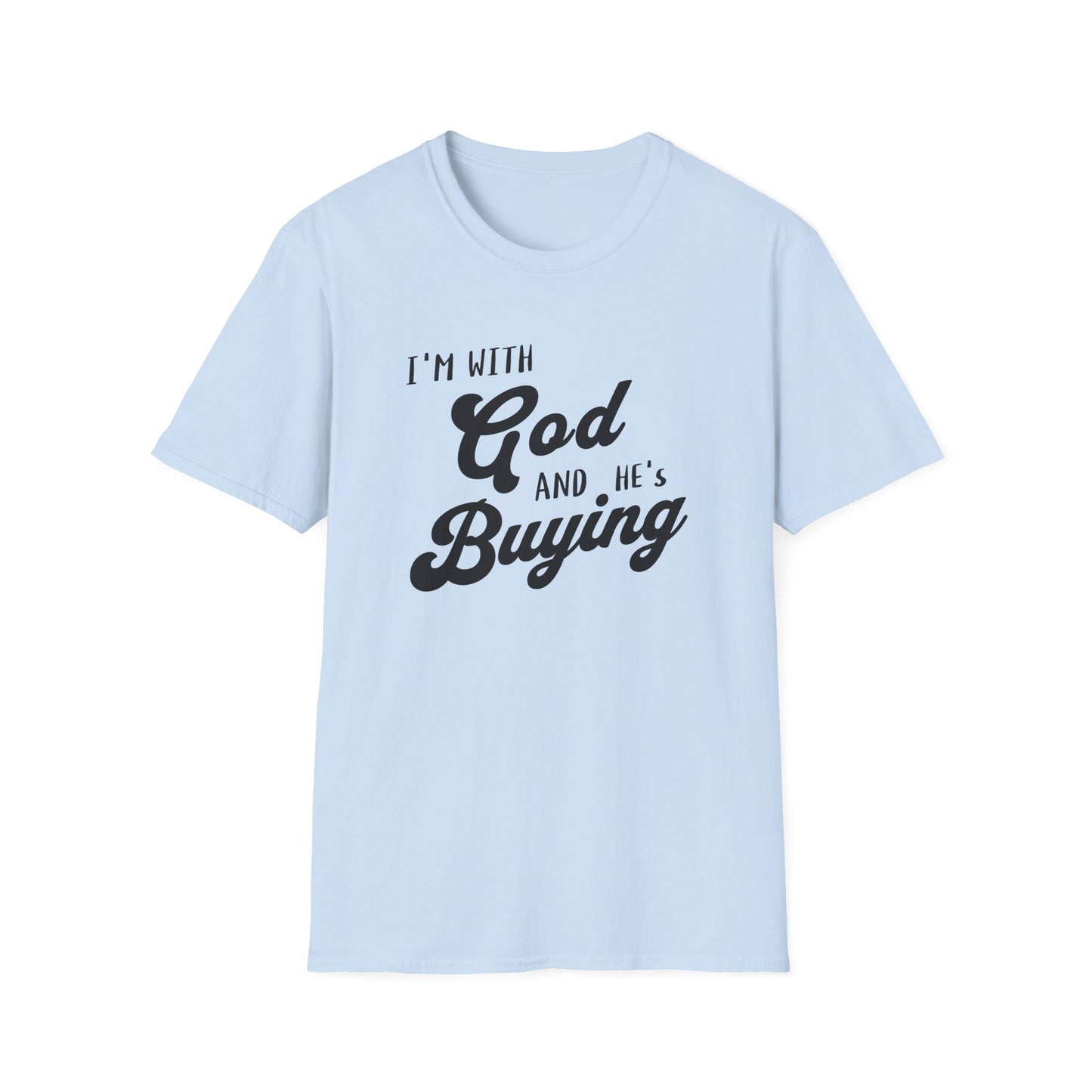 Light blue t-shirt with black text on a white background