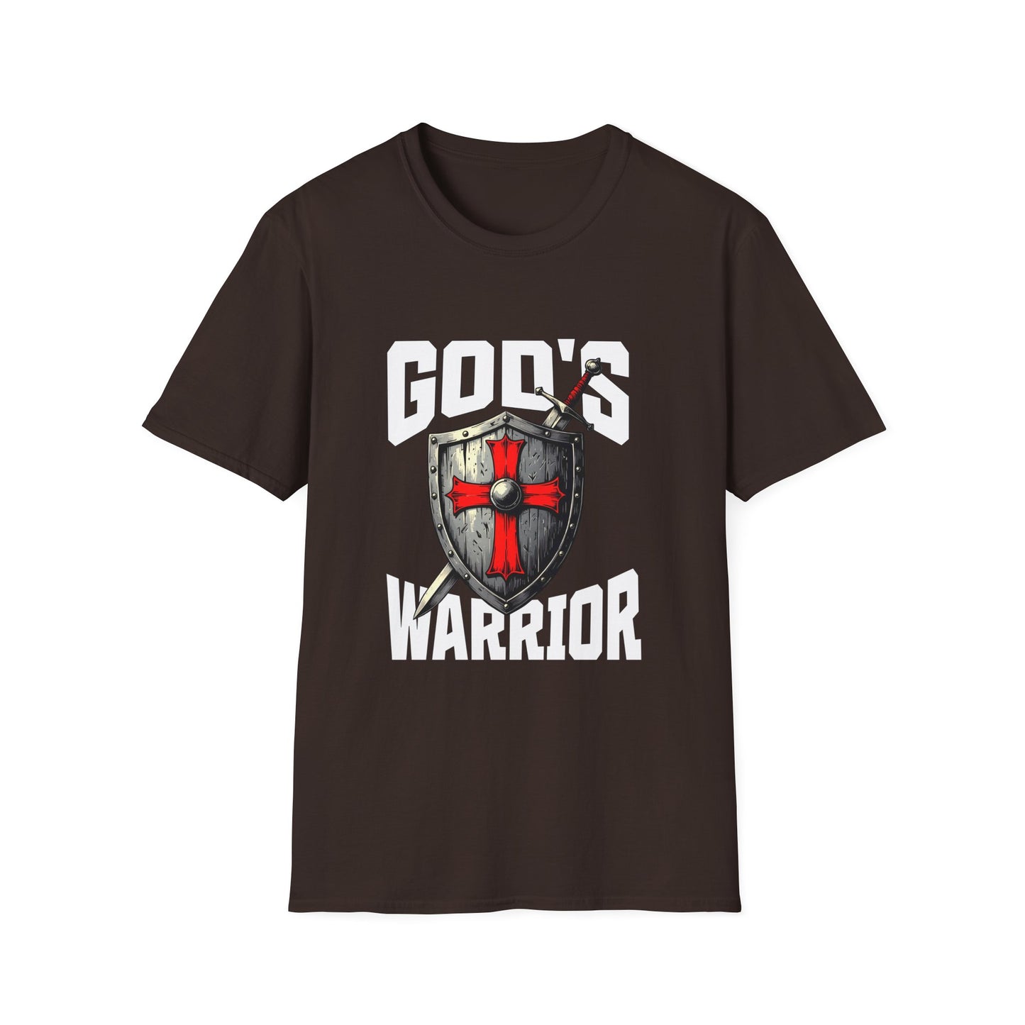 Black t-shirt with 'God's Warrior' graphic design on a white background