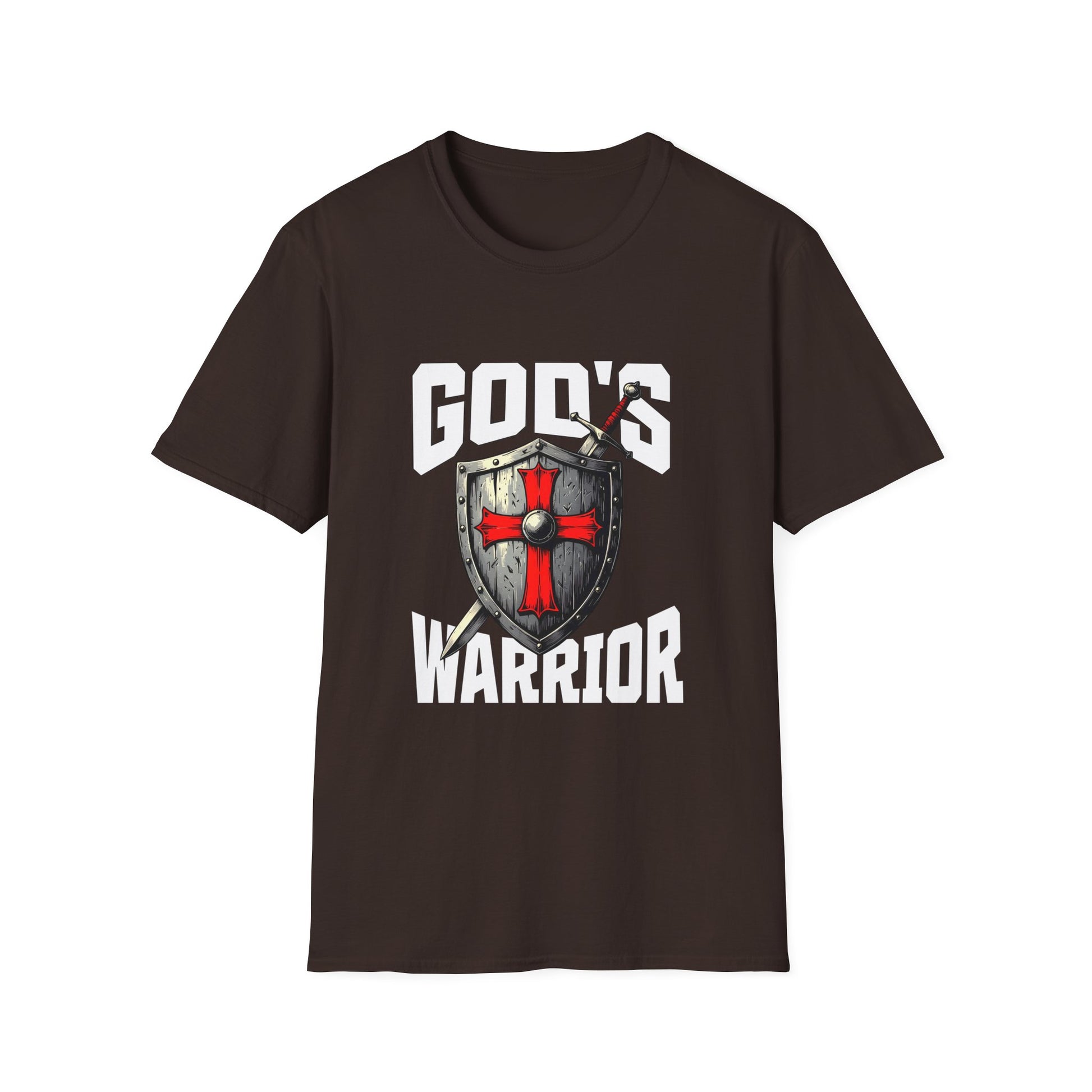 Black t-shirt with 'God's Warrior' graphic design on a white background