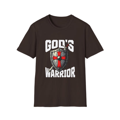 Black t-shirt with 'God's Warrior' graphic design on a white background