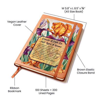 Floral notebook with dimensions, vegan leather cover, and features labeled on a white background