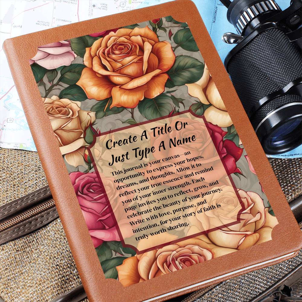 Vegan leather journal with a floral design on the cover, featuring text, orange, and pink roses.