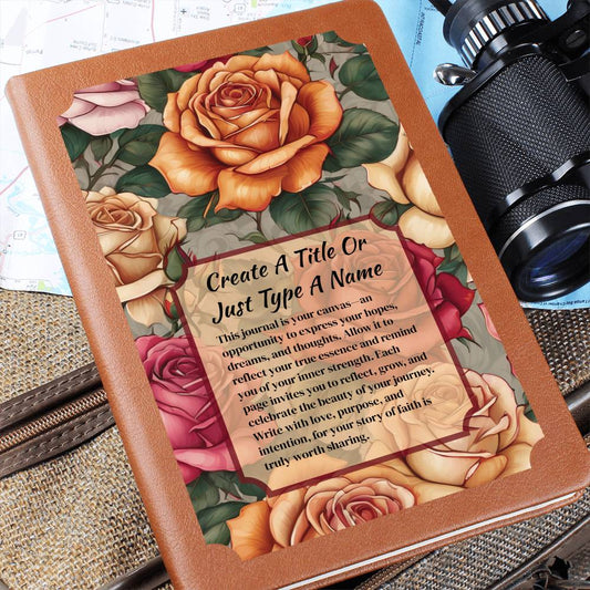 Vegan leather journal with a floral design on the cover, featuring text, orange, and pink roses.