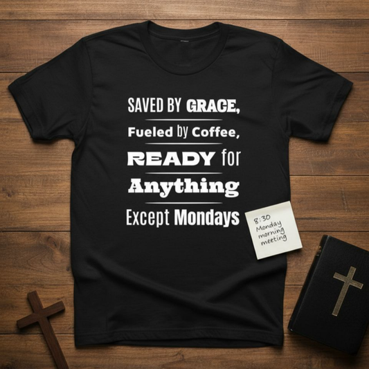 Save By Grace, Fueled By Coffee, Ready For Anything Except Monday-T-Shirt