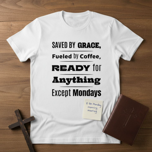 Save By Grace, Fueled By Coffee, Ready For Anything Except Monday-T-Shirt