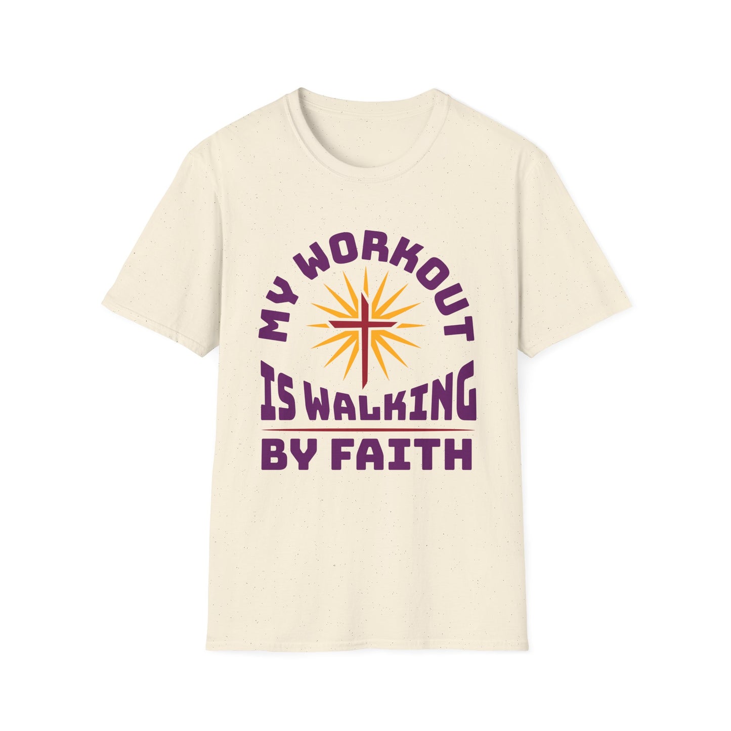 Beige t-shirt with 'My Workout is Walking by Faith' text and sun graphic on a white background