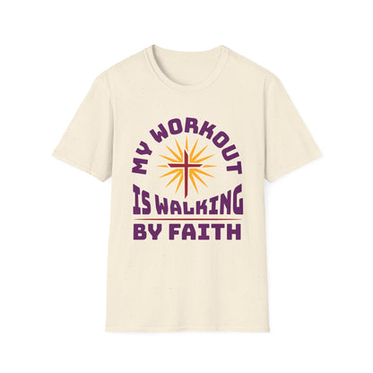 Beige t-shirt with 'My Workout is Walking by Faith' text and sun graphic on a white background
