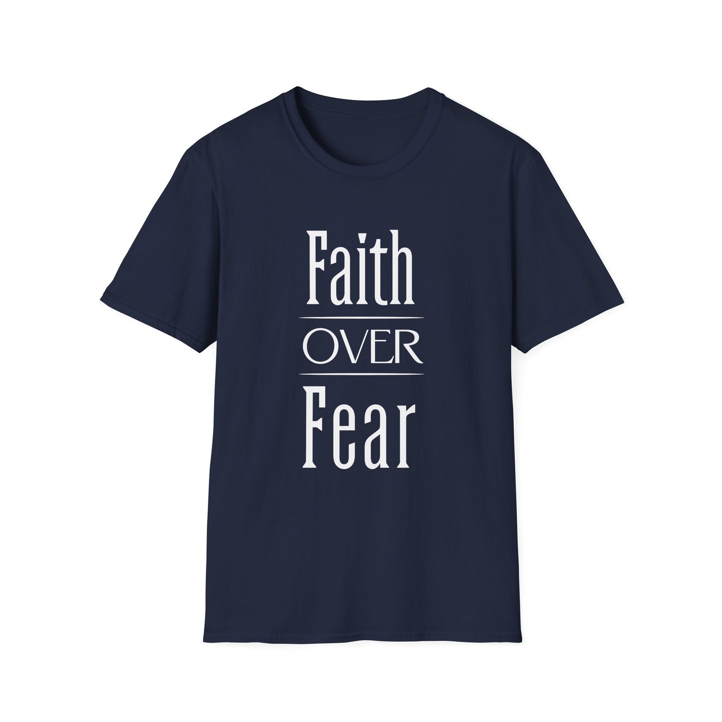 Navy blue t-shirt with 'Faith Over Fear' text on a white background