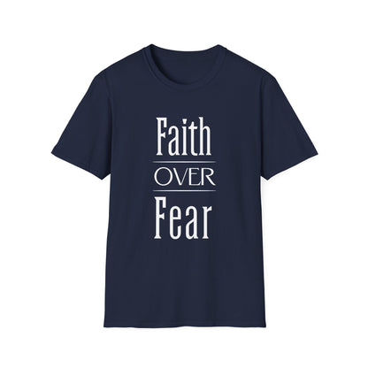 Navy blue t-shirt with 'Faith Over Fear' text on a white background
