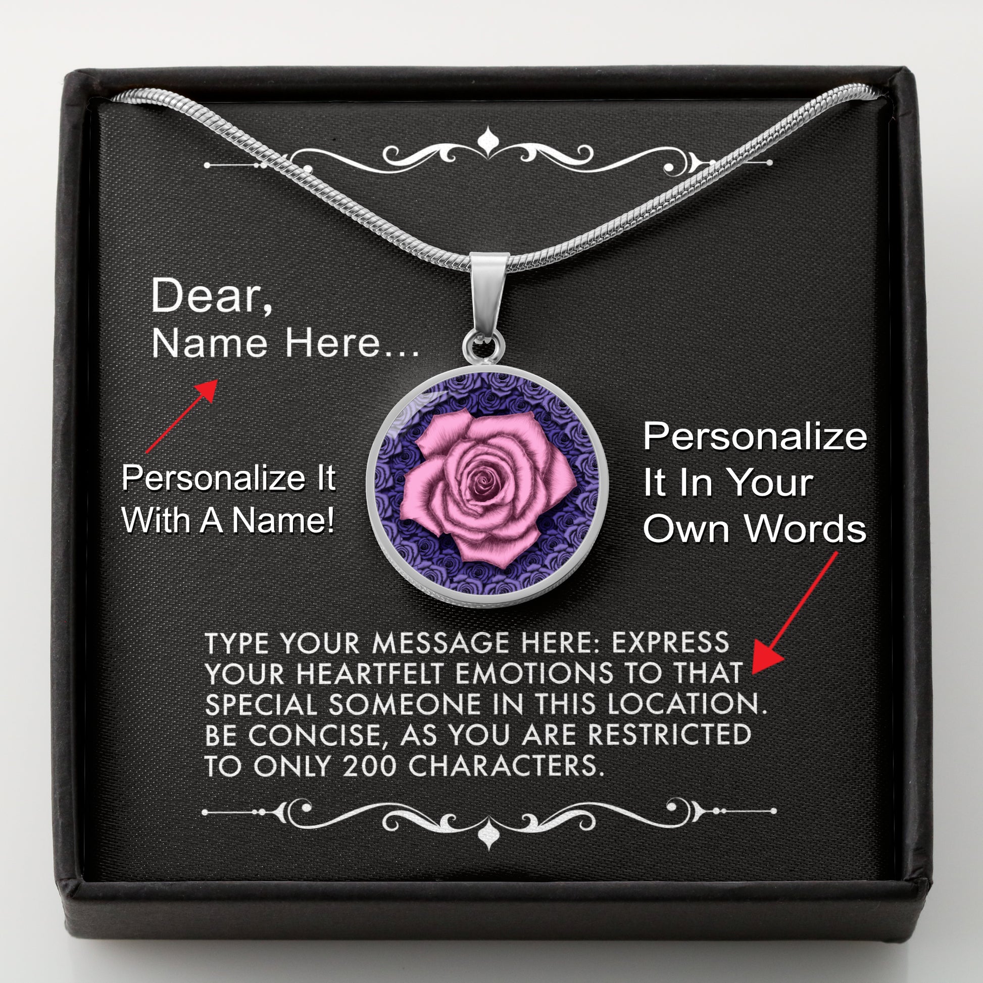 Silver necklace with a pink rose pendant in a box with a message card that can be personalized.