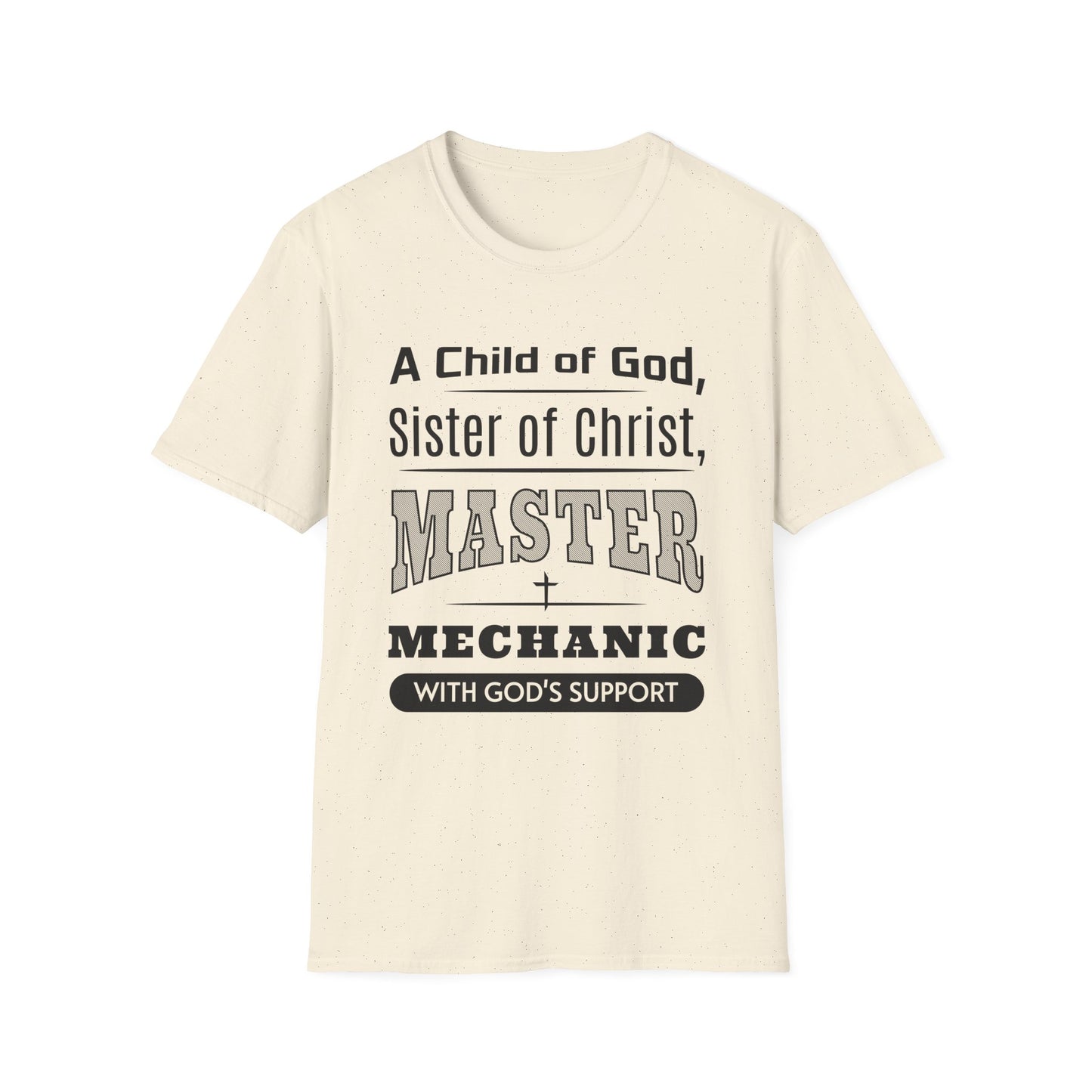 Beige t-shirt with black text on a white background