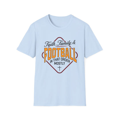 Light blue t-shirt with 'Faith, Family & Football in that order mostly' text design on a white background