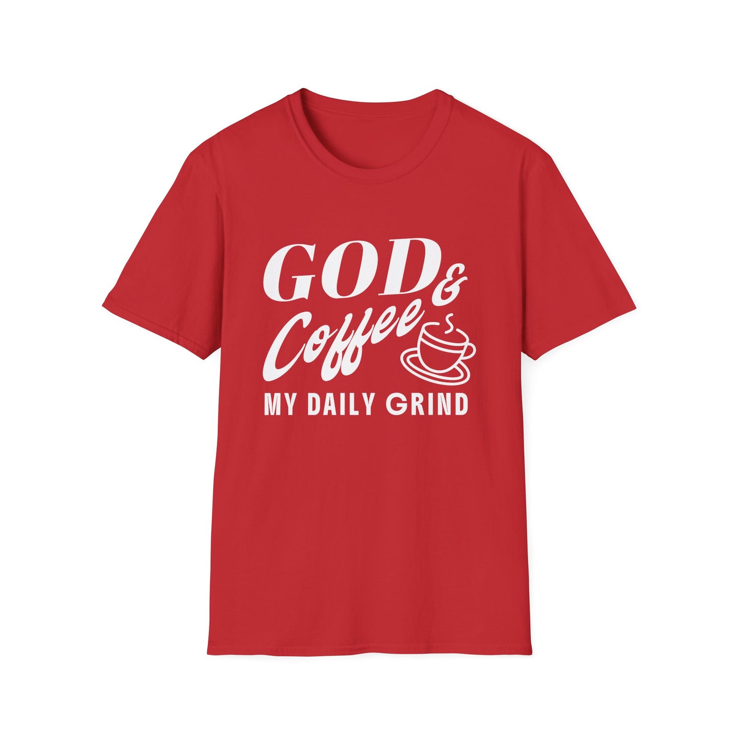 Red t-shirt with white text 'GOD & Coffee = MY DAILY GRIND' on a white background