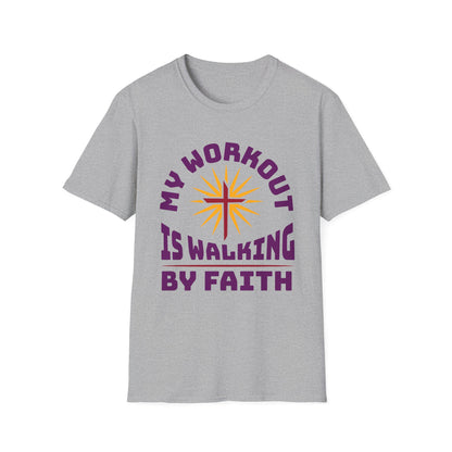 Gray t-shirt with 'My Workout is Walking by Faith' text and sun graphic on a white background