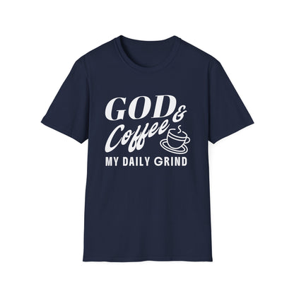 Navy blue t-shirt with white text 'GOD & Coffee = MY DAILY GRIND' on a white background