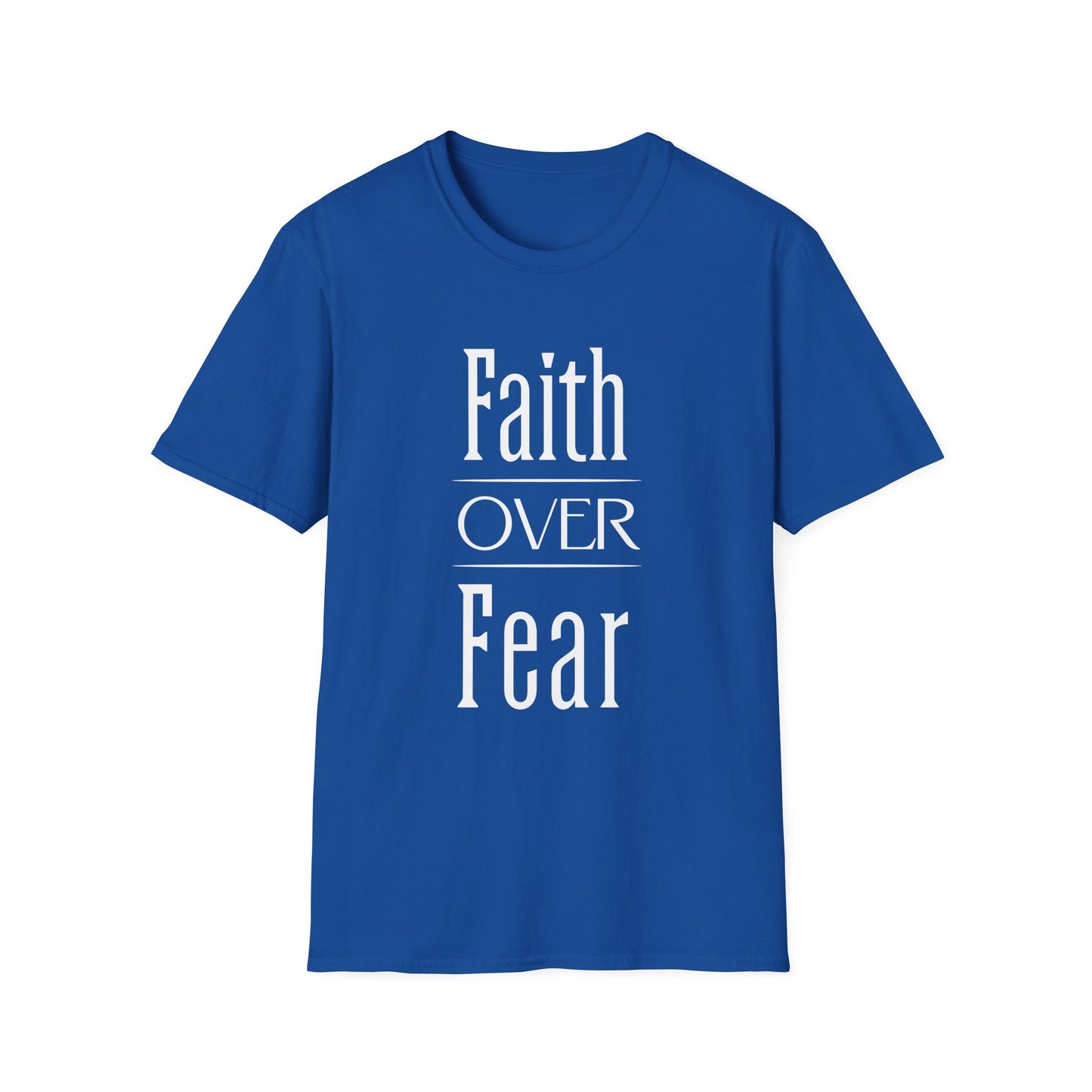 Blue t-shirt with 'Faith OVER Fear' text on a white background