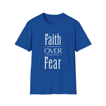 Blue t-shirt with 'Faith OVER Fear' text on a white background