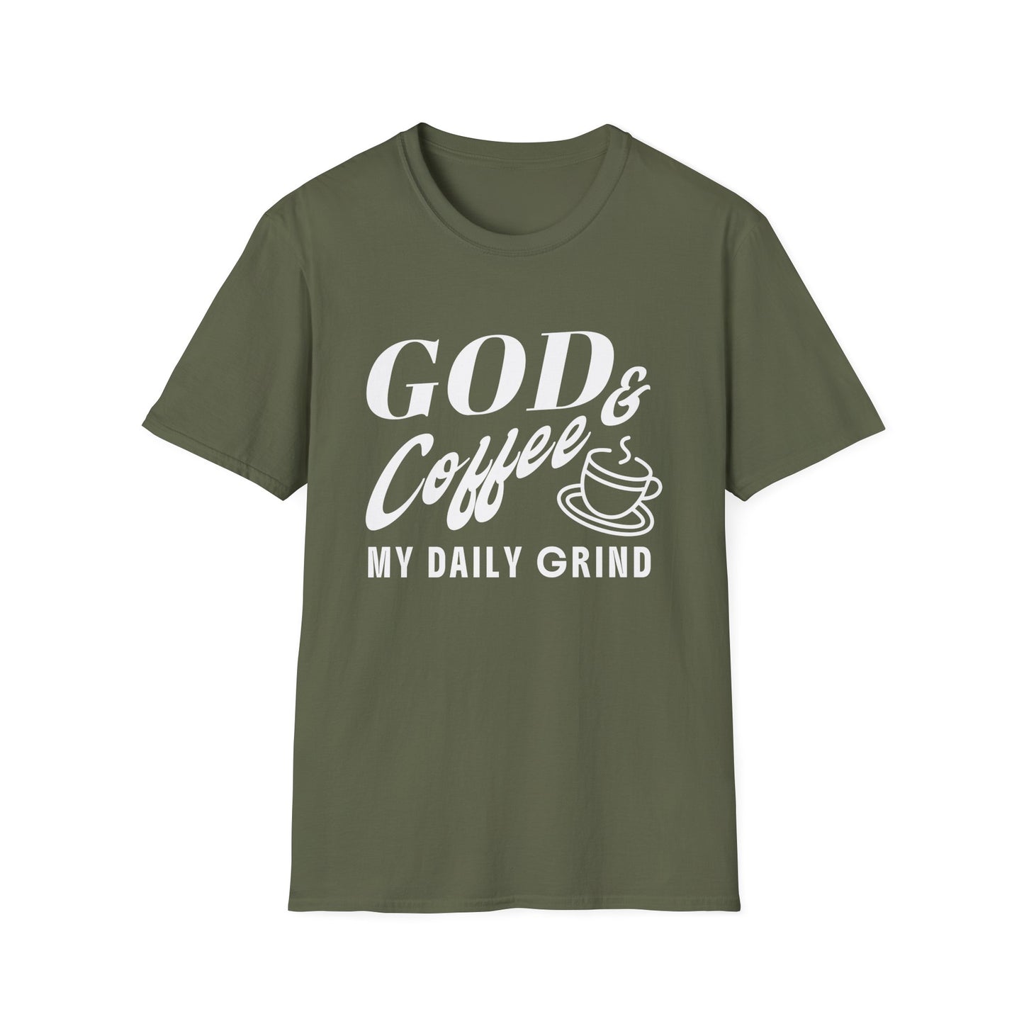Green t-shirt with white text 'GOD & Coffee = MY DAILY GRIND' on a white background