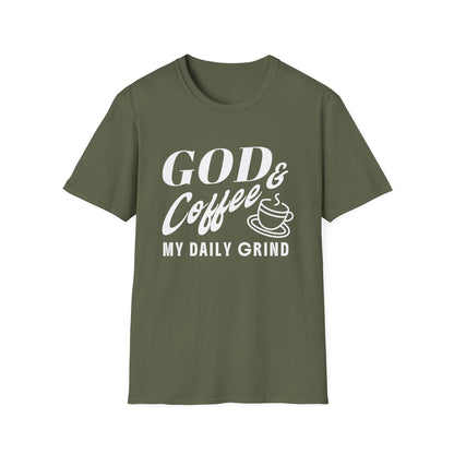Green t-shirt with white text 'GOD & Coffee = MY DAILY GRIND' on a white background