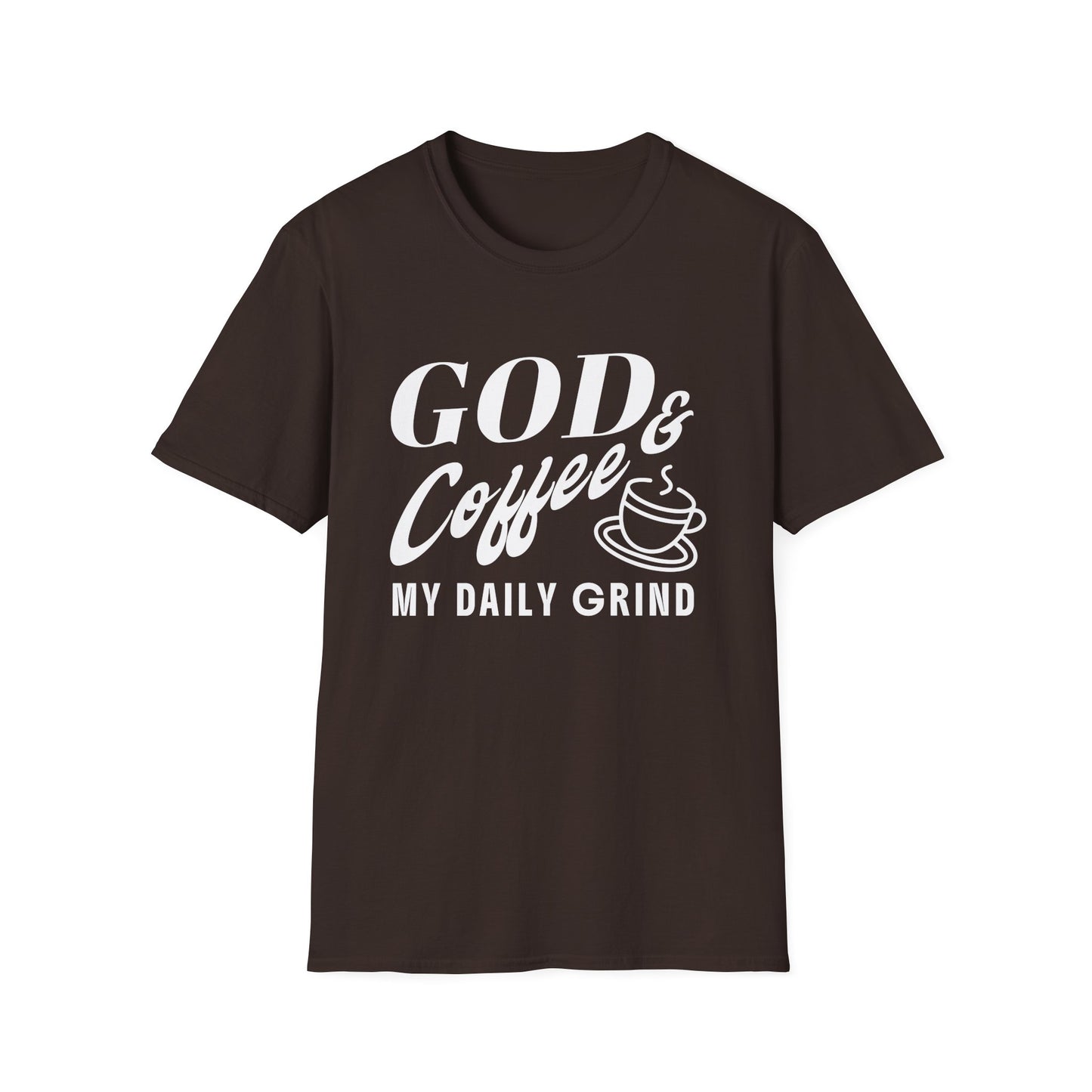 Brown t-shirt with white text 'GOD & Coffee = MY DAILY GRIND' on a white background