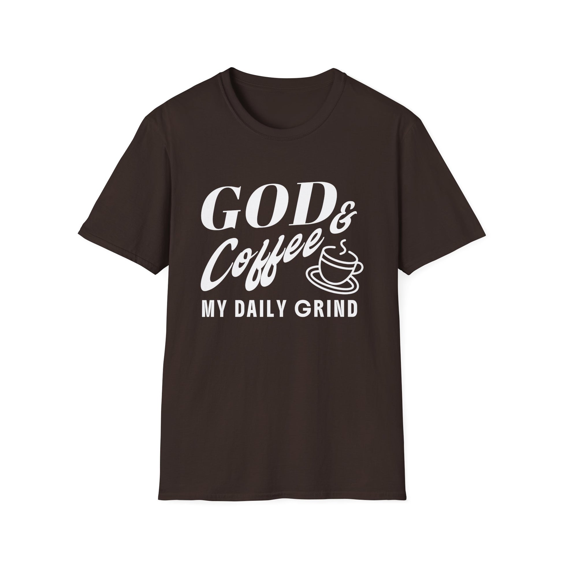 Brown t-shirt with white text 'GOD & Coffee = MY DAILY GRIND' on a white background