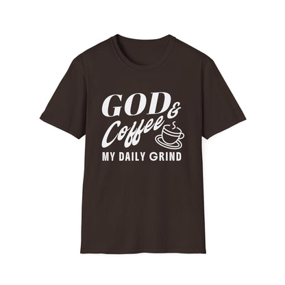 Brown t-shirt with white text 'GOD & Coffee = MY DAILY GRIND' on a white background