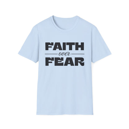 Light blue t-shirt with 'Faith over Fear' text on a white background
