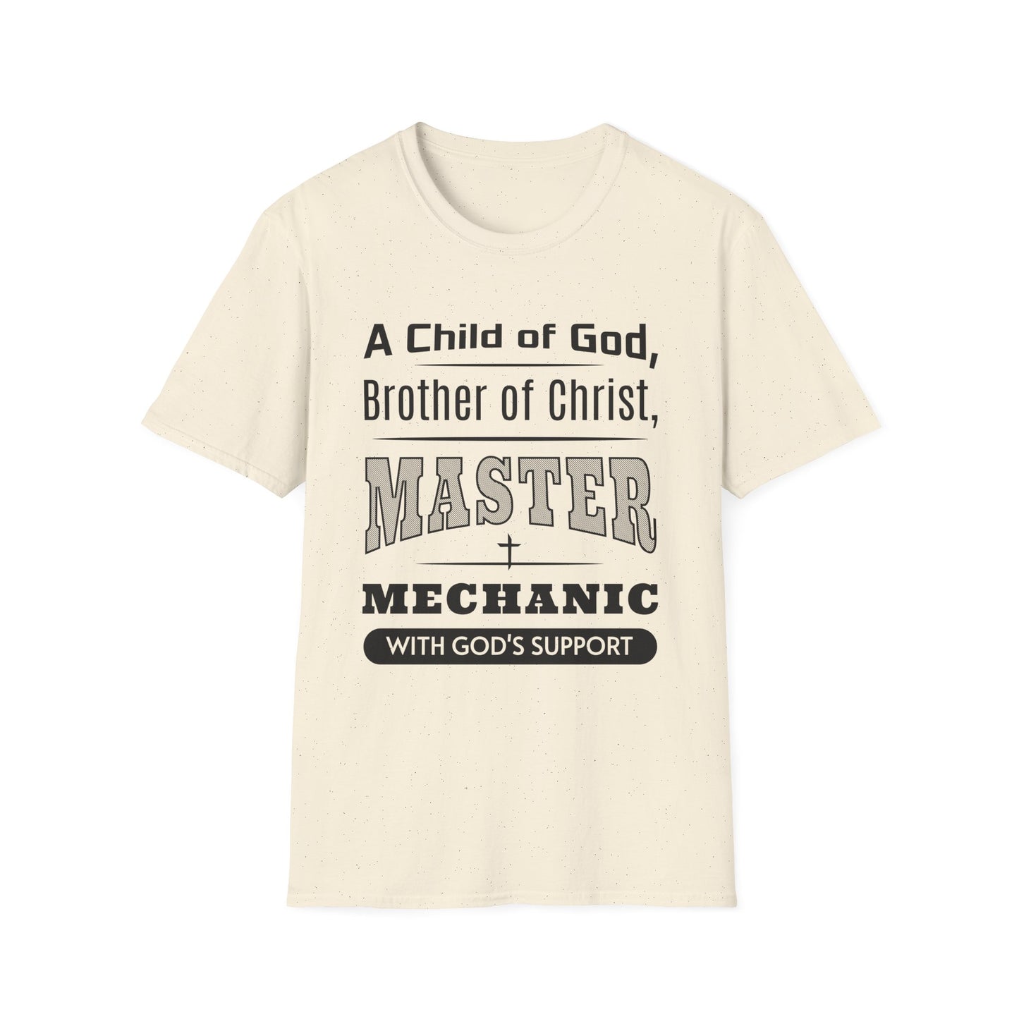 Beige t-shirt with black text on a white background