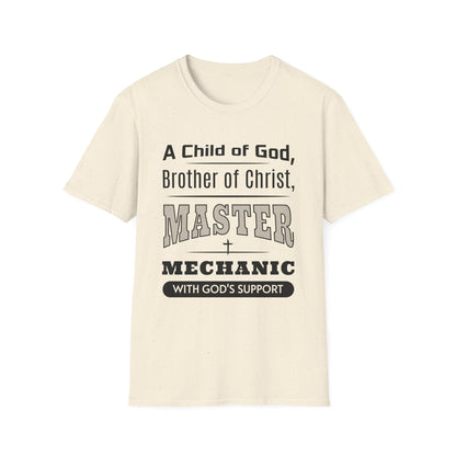 Beige t-shirt with black text on a white background