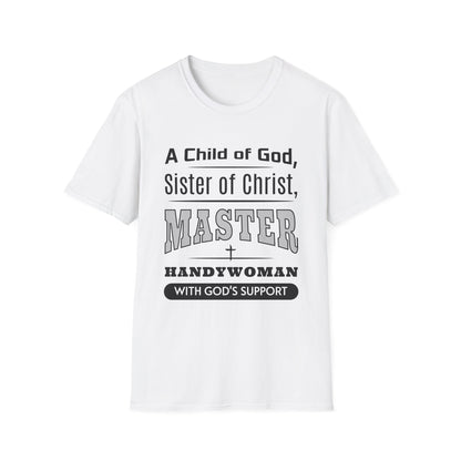 White t-shirt with black text on a white background