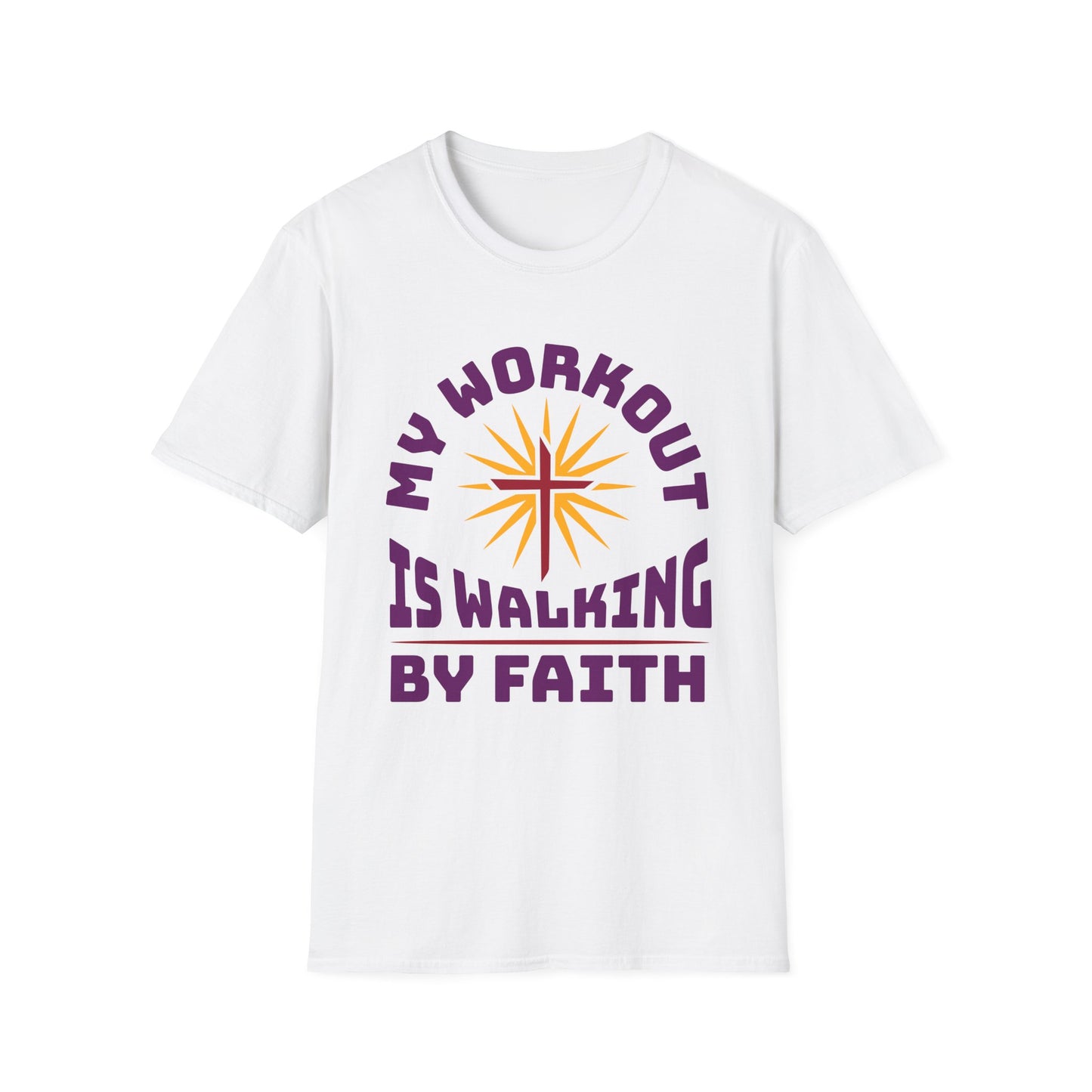 White t-shirt with purple text and sun graphic on a white background