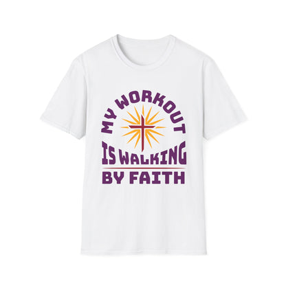 White t-shirt with purple text and sun graphic on a white background