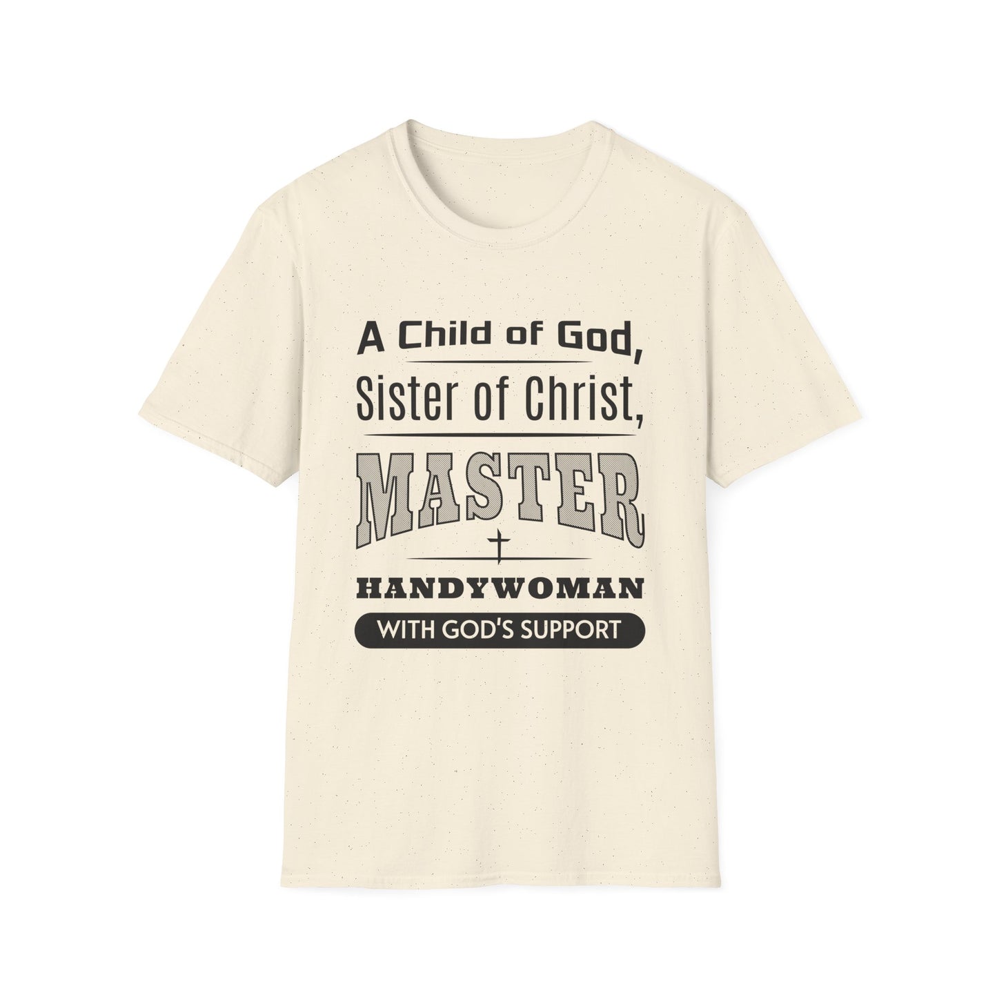 Beige t-shirt with black text on a white background