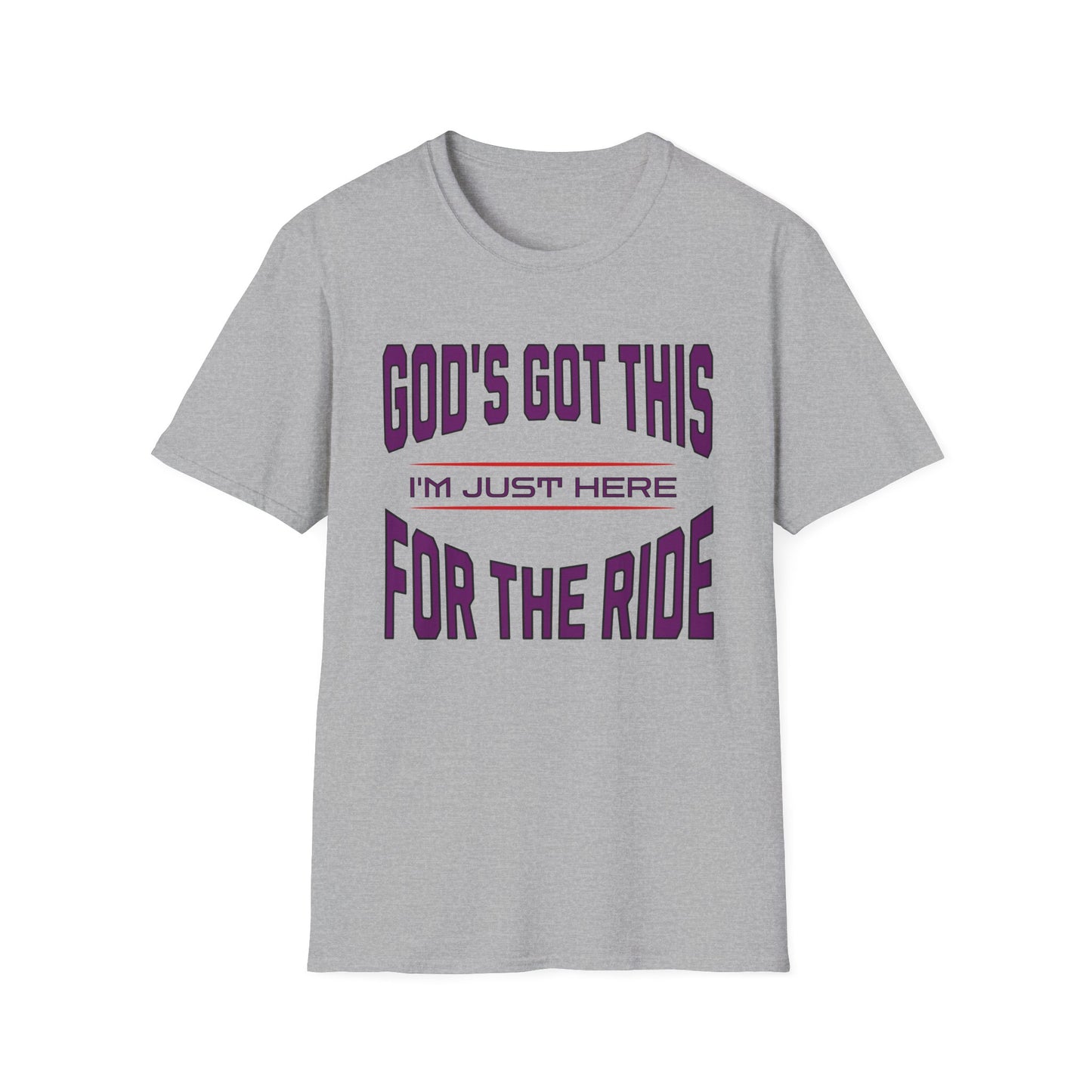 Gray t-shirt with purple text on a white background