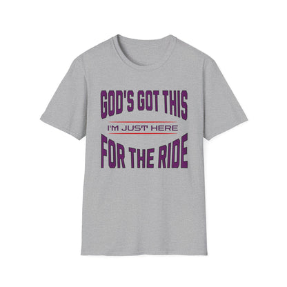 Gray t-shirt with purple text on a white background
