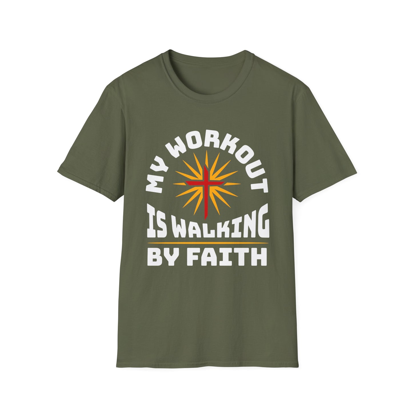 Green t-shirt with 'My Workout is Walking by Faith' text and sun graphic on a white background