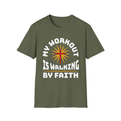 Green t-shirt with 'My Workout is Walking by Faith' text and sun graphic on a white background