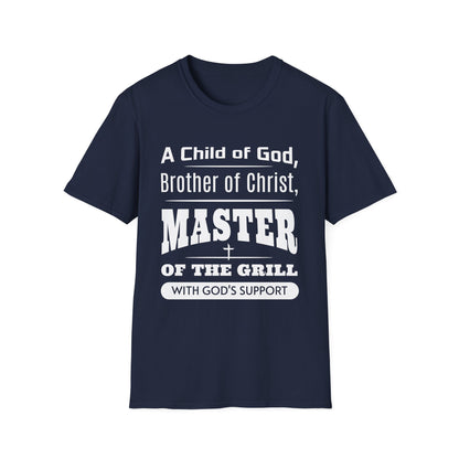 Navy blue t-shirt with white text on a white background