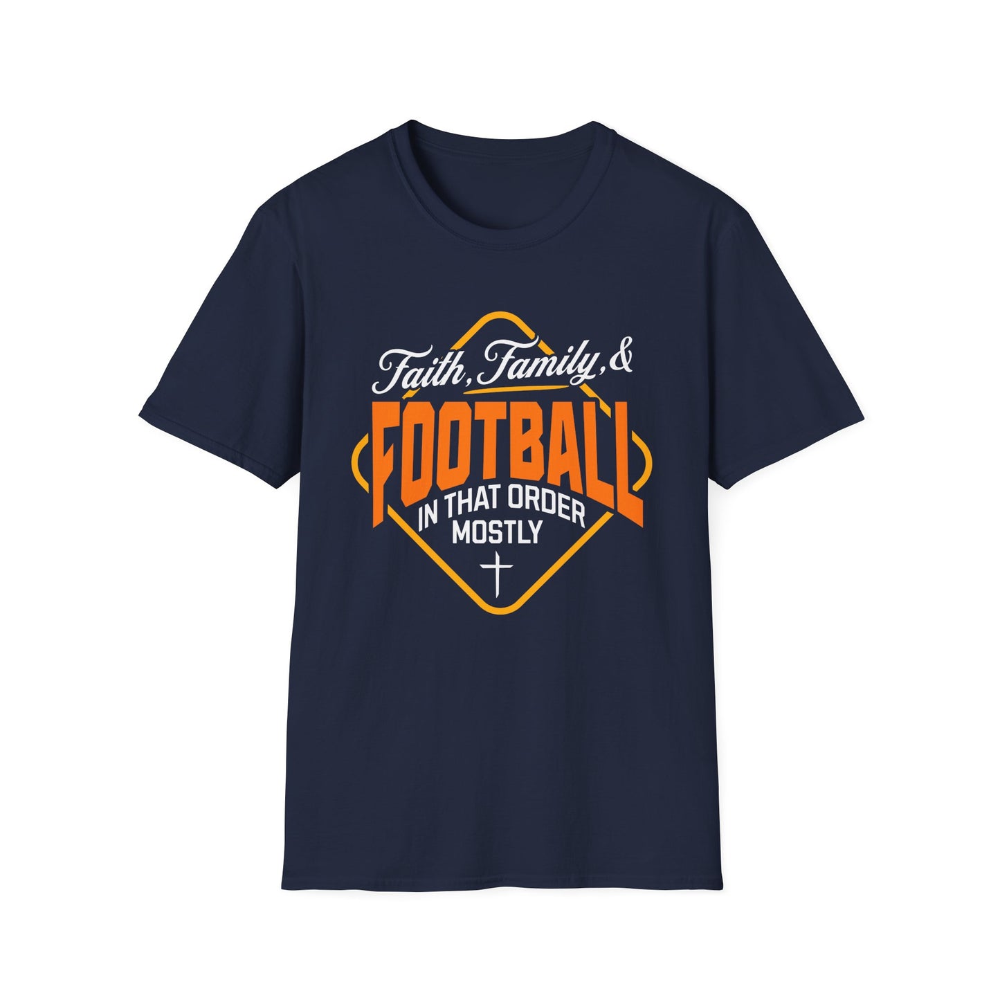 Navy blue t-shirt with 'Faith, Family & Football' text design on a white background
