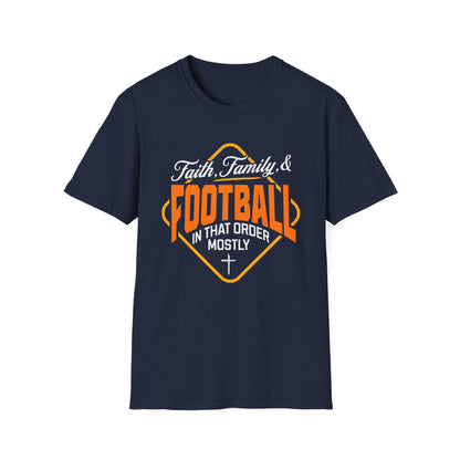 Navy blue t-shirt with 'Faith, Family & Football' text design on a white background