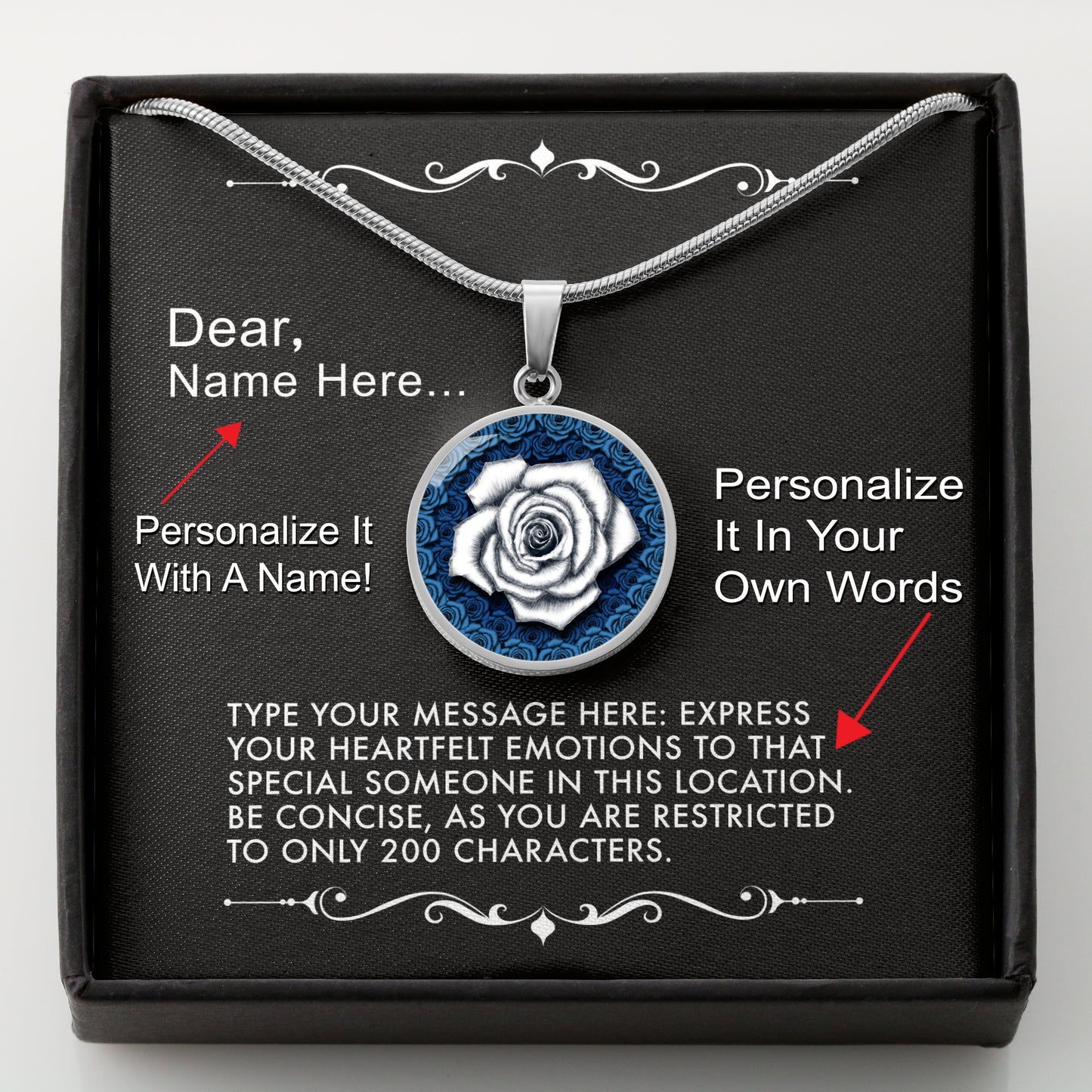 Silver necklace with a white rose pendant in a box with a message card that can be personalized.