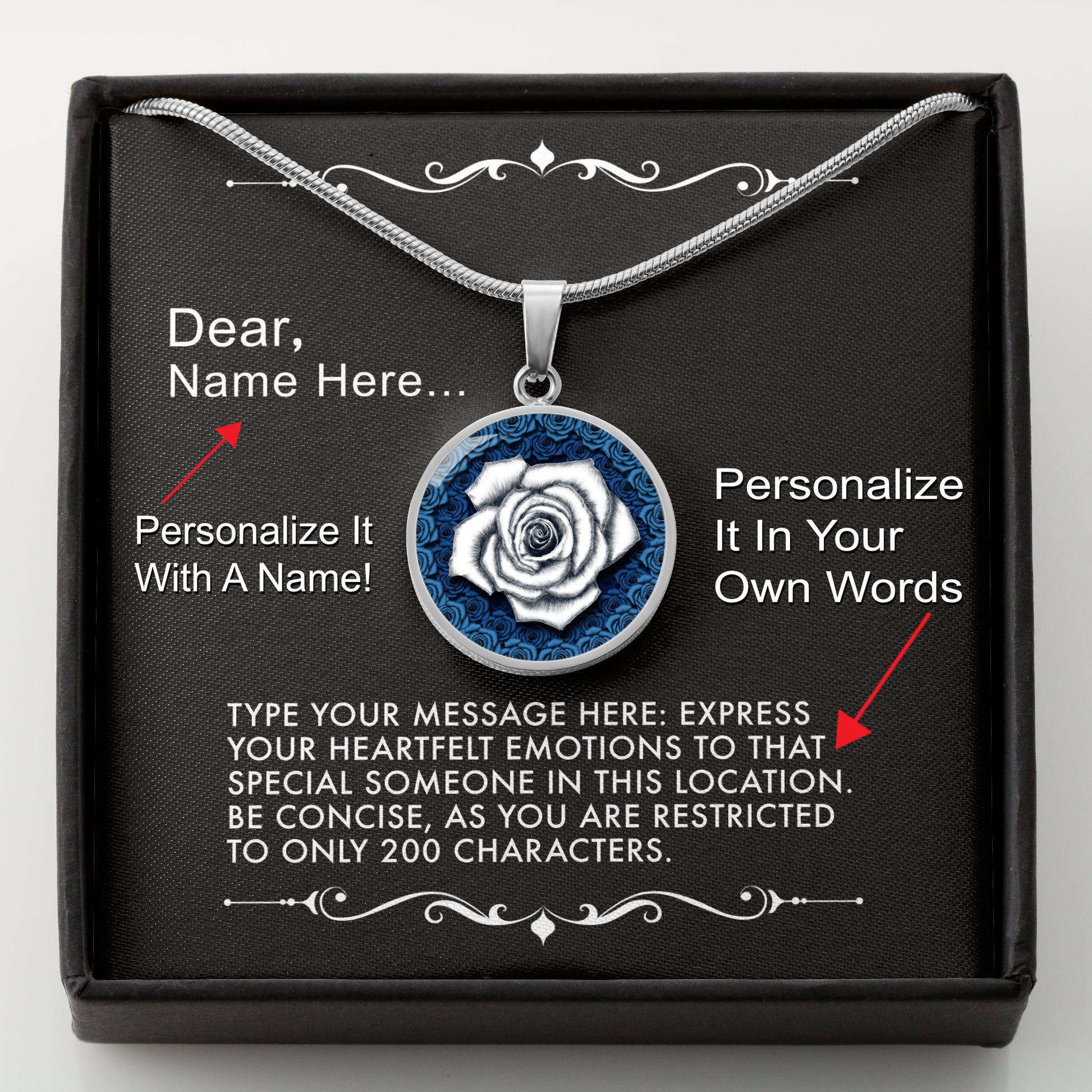 Silver necklace with a white rose pendant in a box with a message card that can be personalized.